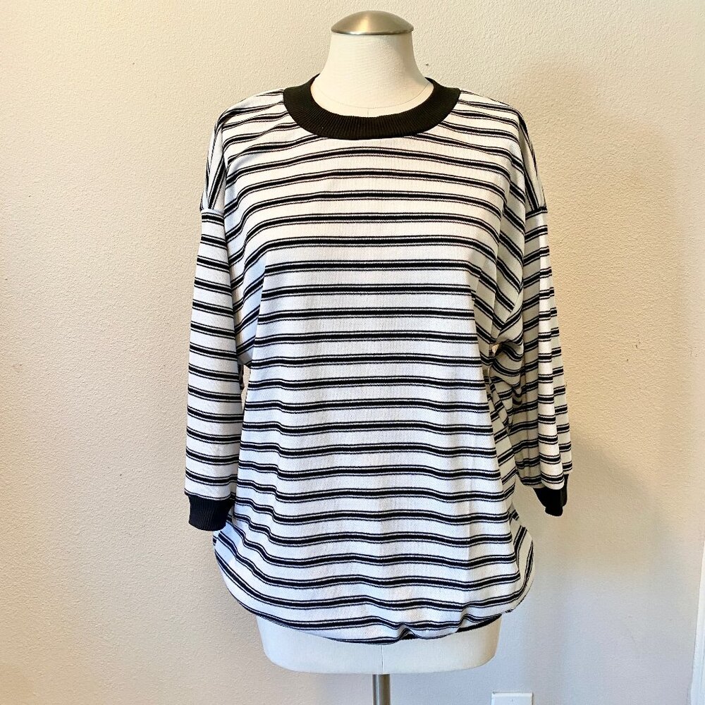 Teddi of California Vintage 1980s Black & White Stripe Knit Top Blouse XL